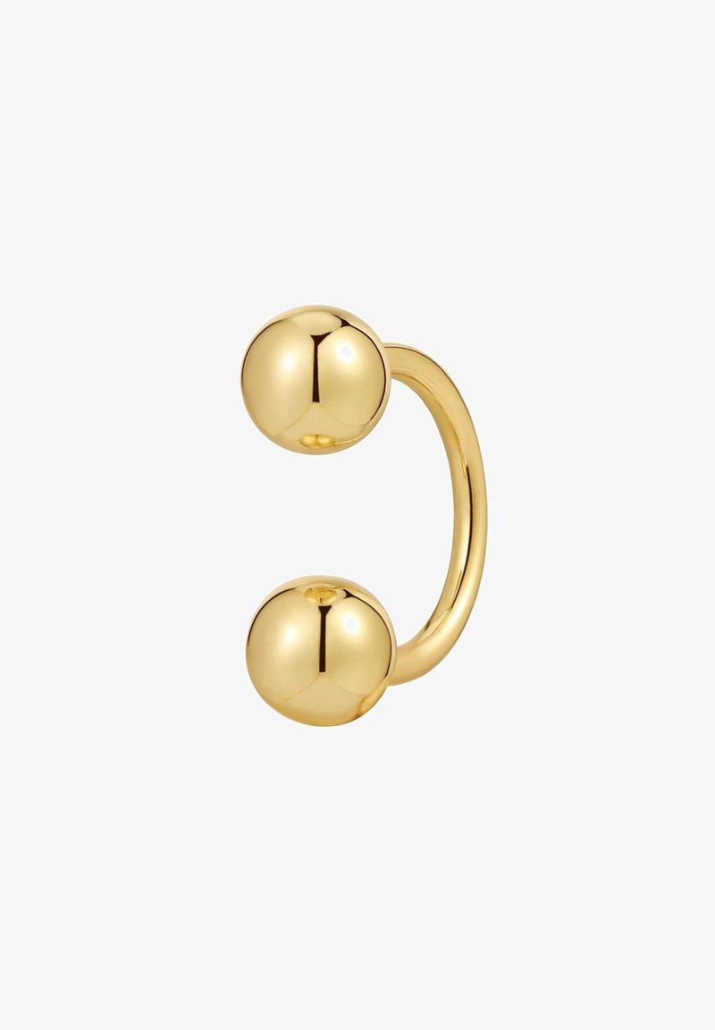 Kuulakultainen metallinen korvake, jossa on kaareva muotoilu ja kaksi sileää pallomaista päätä. Heijastava pinta ja saumatonta muotoa. Kevyt ja moderni.