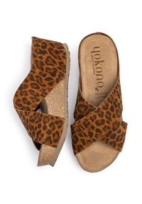 Brown leopard print wedge sandals made of genuine leather with cross straps and a textured sole for traction and comfort.