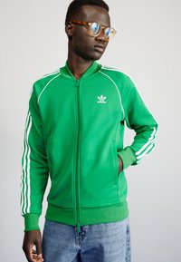 Zaļš Adidas svārku mētelis ar baltām līnijām uz piedurknēm, ar mazu logotipu uz krūtīm un ribotām piedurknēm. Valkāts ar ziliem džinsiem.