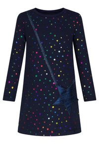 Abito navy a maniche lunghe con motivi di stelle multicolori, accentuato da glitter lungo un lato e un'applicazione a forma di stella glitterata sulla gonna.