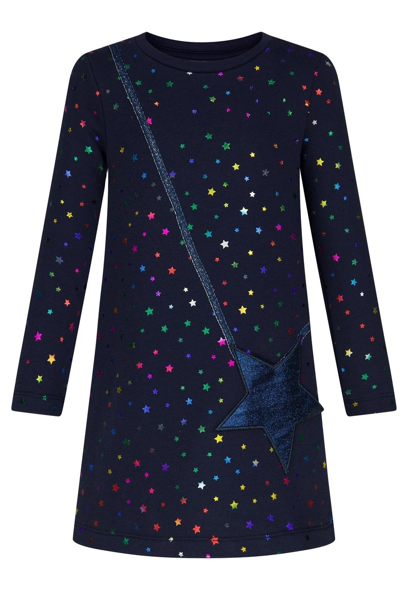 Abito navy a maniche lunghe con motivi di stelle multicolori, accentuato da glitter lungo un lato e un'applicazione a forma di stella glitterata sulla gonna.