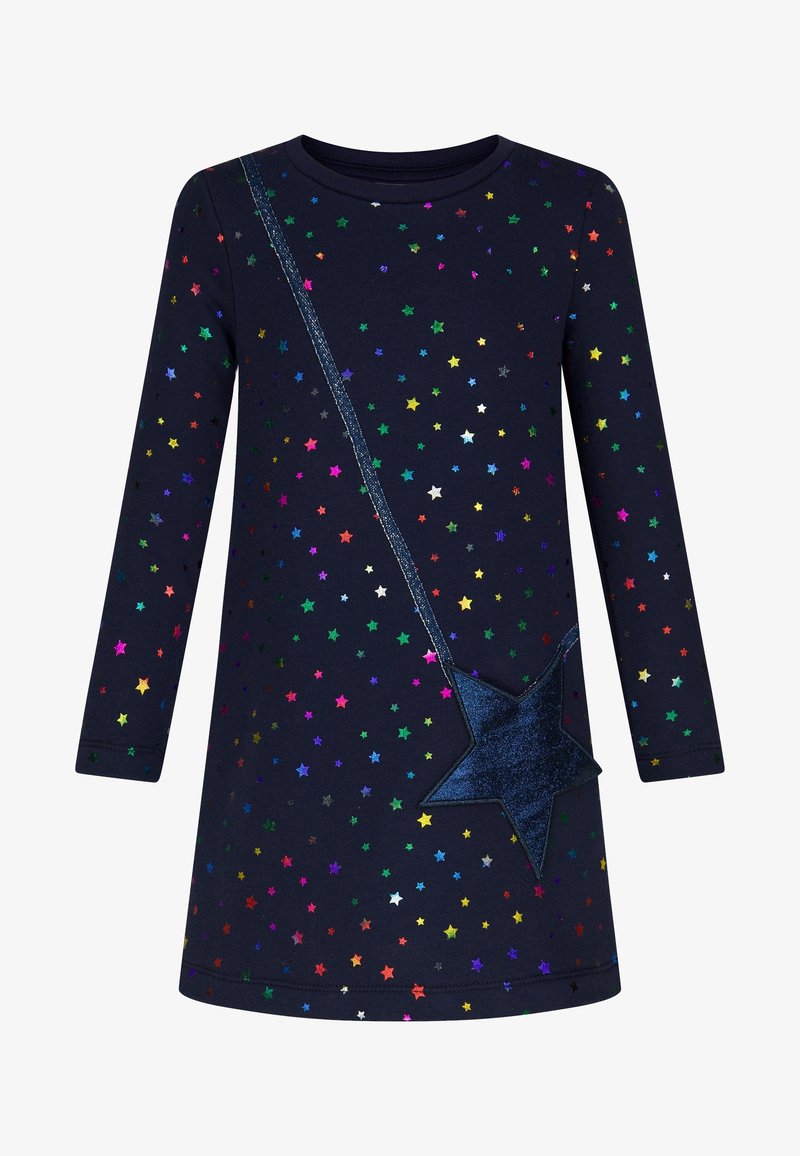 Navy dress with long sleeves featuring multicolored star patterns, glitter accent along one side, and a glitter star appliqué on the skirt.