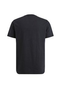 Zwarte katoenen T-shirt, korte mouwen, ronde hals, eenvoudig ontwerp, rechte zoom, zachte textuur, met een kleine logo-accent aan de zijkant.