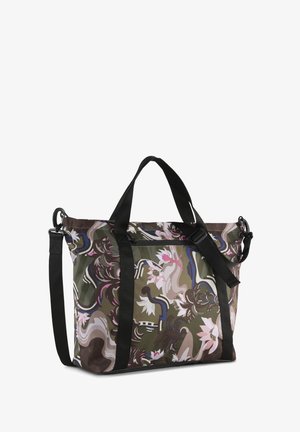 Bolsa tote con asas negras y correa de hombro ajustable, con un patrón floral abstracto en colores verde, rosa, marrón, azul y blanco.