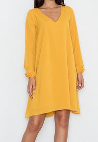 Gelbes V-Ausschnitt-Kleid mit langen Ballonärmeln, knie-langer asymmetrischer Säume und weichem, glattem Stoff. Minimalistische Designelemente.