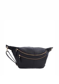 Schwarze Leder-Gürteltasche mit zwei horizontalen goldenen Reißverschlüssen und einem verstellbaren Riemen auf weißem Hintergrund.