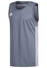 Šedé bezrukávové sportovní tričko vyrobené z hladkého materiálu, s kulatým výstřihem, síťovanou zadní částí a třemi bílými pruhy po stranách.