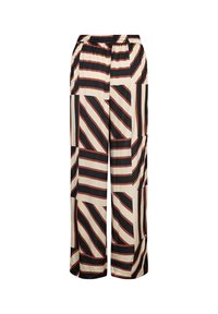 Wide-leg trousers in a lightweight fabric, featuring a bold, striped pattern in beige, black, and red. Elastic waistband for comfort.