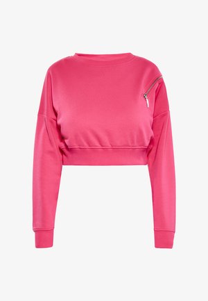Knallpinkes, cropped Sweatshirt mit langen Ärmeln, gerippten Bündchen und Saum, mit einer kleinen Reißverschlusstasche auf der oberen linken Seite nahe der Schulter.
