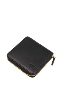 Juodas odinis piniginė su užtrauktuku, auksinės spalvos detalėmis ir mažu logotipu priekyje. Lygus paviršius ir kompaktiška kvadratinė forma.
