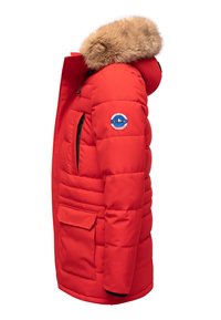 Red padded parka with a fur-lined hood, zippered and flap pockets, ribbed cuffs, and a logo patch on the left sleeve.