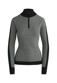 Džemper s crno-bijelim uzorkom, visokim ovratnikom, zatvaračem sprijeda i crnim detaljima na rukavima i manžetama, izrađen od teksturirane pletene tkanine.