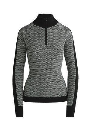 Sorte og hvide mønstrede sweater med høj krave, lynlås foran og sorte detaljer på ærmerne og manchetterne, lavet af et tekstureret strikstof.