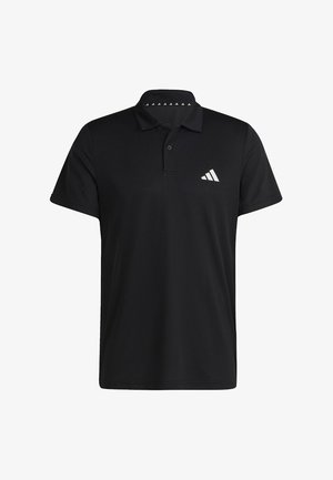 Camiseta tipo polo negra de tela texturizada, con cuello, dos botones y un logo triangular blanco en el pecho izquierdo.