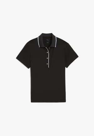 Czarna koszulka polo z krótkimi rękawami, płaskim kołnierzem o prążkowanej fakturze, białym obszyciem wzdłuż kołnierza i listwy guzikowej oraz czterema guzikami.