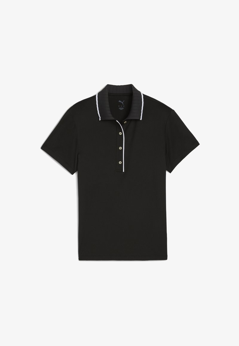 Svart pikétröja med korta ärmar, flat krage med ribbad struktur, vit kantning längs kragen och knappslån samt fyra knappar.