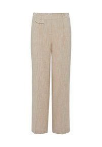 Pantalon droit en mélange de lin beige, taille haute, passants pour ceinture, plis sur le devant et petite poche à rabat sur le côté droit.