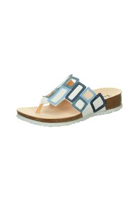 Leder sandalette mit einer Kombination aus blauen und weißen geometrischen Ausschnitten, einer flachen Korksohle und einem Zehensteg. Glatte Textur, lässiges Design.
