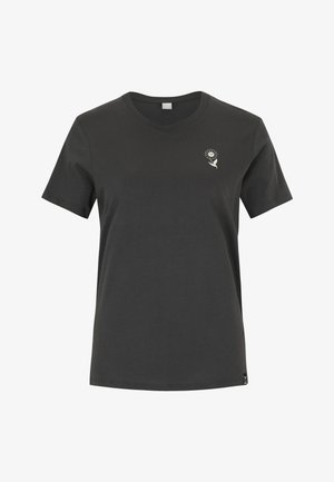 Black short-sleeve V-neck T-shirt with small white sunflower graphic on the left chest.