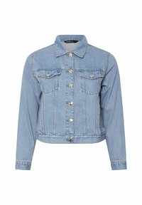Giacca di jeans azzurro chiaro con maniche lunghe, due tasche sul petto e dettagli con bottoni in argento. Presenta un colletto classico e un design cropped.