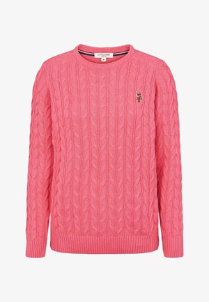 Rozā adīts džemperis ar apaļu kaklu, ribotām piedurknēm un apakšmalu, ar mazu izšūtu logo uz kreisās krūtis. Mīksta tekstūra.