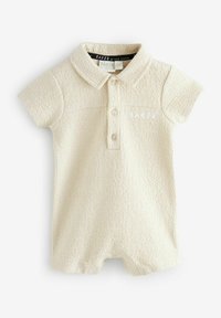 Beige Kurzarm-Overall aus strukturiertem Stoff, mit Kragen, drei Knöpfen und "BAKER" in Weiß auf der Brust gestickt.