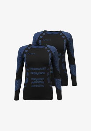 Black long-sleeve athletic shirts featuring blue accents, a textured design on sleeves, and a logo on the neckline. Two in the image.