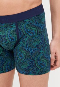 Námorné boxerky s paisley vzorom v zelenej a modrej farbe. Mäkkučká tkanina s komfortným elastickým pásom s logom "GAP". Prispôsobený strih.
