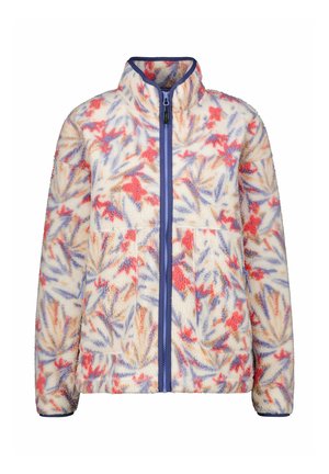 Fleecejacke mit einem mehrfarbigen Blattmuster in Creme-, Rot- und Blautönen. Mit hohem Kragen, Frontreißverschluss und zwei Fronttaschen.