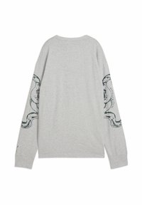 Light gray long-sleeve shirt with dark, abstract snake-like prints on both sleeves, shown from the back on a white background.