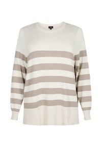 Beige und weiß gestreifter Pullover mit rundem Halsauschnitt, langen Ärmeln und lockerer Passform. Weiche Stricktextur mit einem horizontalen Streifenmuster.