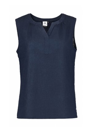 Top sans manches bleu marine en tissu léger, présentant un col en V et un léger plissé au niveau de l'encolure. Design simple et épuré.