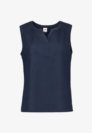 Marinblå ärmlös topp i lättviktig tyg, med V-ringning och lätt plissering vid halslinningen. Enkel, ren design.