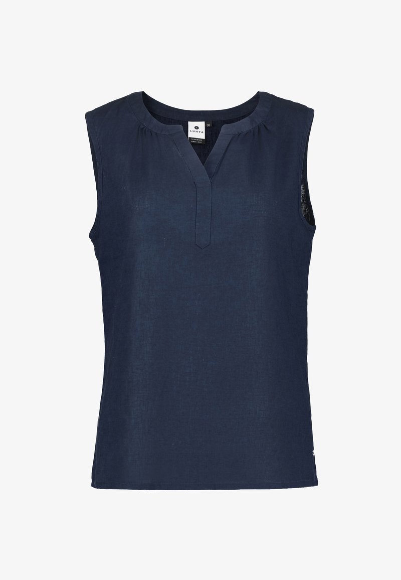 Navy blue sleeveless top made of lightweight fabric, featuring a V-neck and slight pleating at the neckline. Simple, clean design.