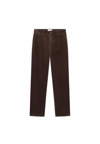 Bruna kordflorsbyxor med rak bendesign, som har framfickor och knappstängning. Mjuk textur och vertikalt ribbat mönster.