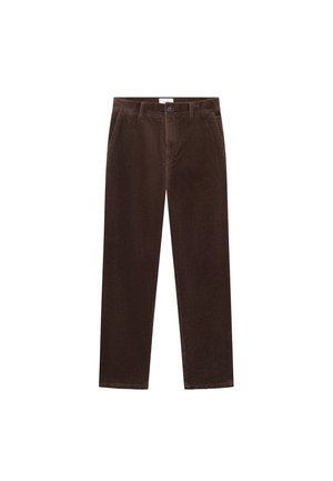 Bruna kordflorsbyxor med rak bendesign, som har framfickor och knappstängning. Mjuk textur och vertikalt ribbat mönster.
