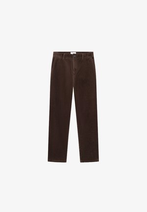 Pruunist korduroy kangast püksid sirge sääre disainiga, eesmine taskute ja nööp sulgemisega. Pehme tekstuur ja vertikaalne ribakujundus.