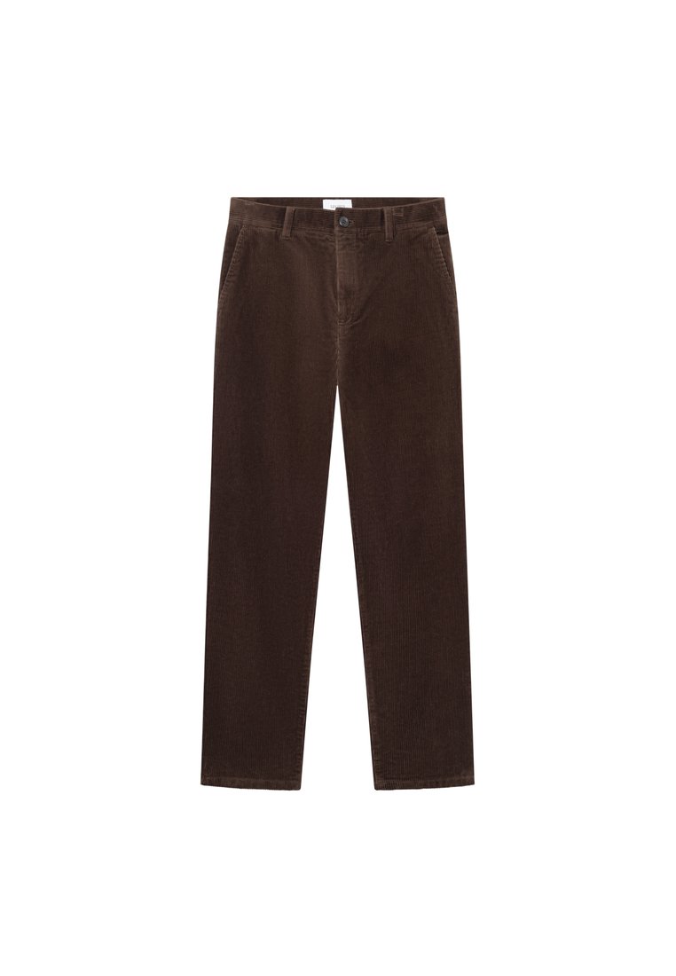 Bruna kordflorsbyxor med rak bendesign, som har framfickor och knappstängning. Mjuk textur och vertikalt ribbat mönster.