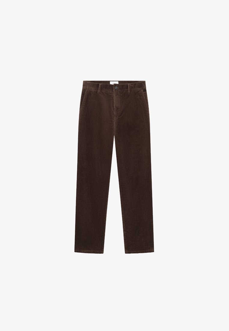Pruunist korduroy kangast püksid sirge sääre disainiga, eesmine taskute ja nööp sulgemisega. Pehme tekstuur ja vertikaalne ribakujundus.