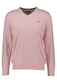 Roze katoenen V-hals trui met lange mouwen, geribbelde manchetten en zoom, met een klein geborduurd logo op de borst. Gladde textuur.