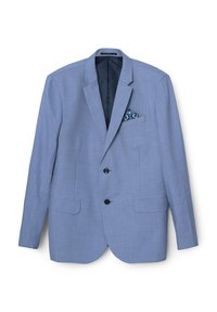 Blazer azzurro chiaro in tessuto testurizzato, con rever a punta, due tasche frontali e un fazzoletto decorativo blu a motivi.