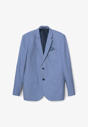 Blazer bleu clair en tissu texturé, avec un col cranté, deux poches avant et un pochette décorative à motifs bleus.