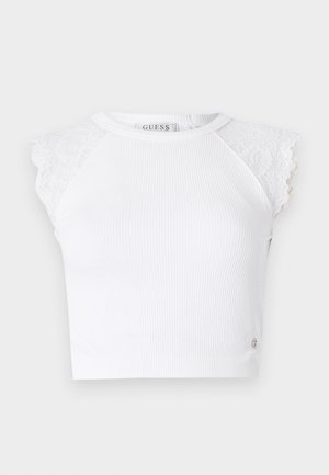 Witte geribbelde mouwloze cropped top met kanten kapmouwen en een ronde hals, met een klein metalen logo nabij de zoom.