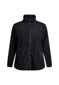 Veste en polaire noire avec un col haut, une fermeture éclair à l'avant et deux poches latérales zippées. Présente une texture lisse et un design légèrement ajusté.