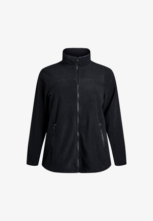Čierna fleecová bunda s vysokým golierom, predným zipsom a dvoma bočnými zipsovými vreckami. Má hladkú textúru a mierne priliehavý strih.