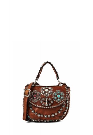 Brown leather handbag with silver studs and turquoise, red, and white decorative stones, featuring a top handle and adjustable shoulder strap.