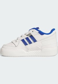 White leather sneaker featuring blue accents, three blue stripes on the side, white laces, and a textured rubber sole.