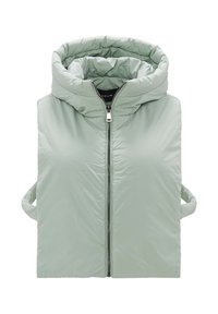 Veste sans manches matelassée vert clair avec col montant, fermeture éclair devant et boucles latérales pour les bras sur fond blanc.