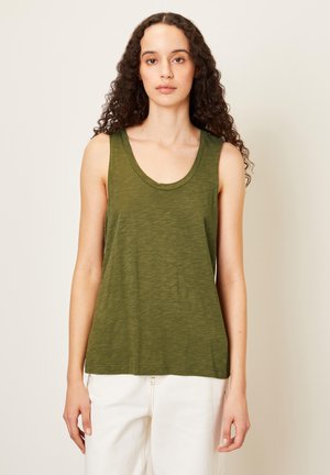 Olive green sleeveless tank top with a scoop neckline, made of lightweight fabric, featuring a relaxed fit and soft texture.