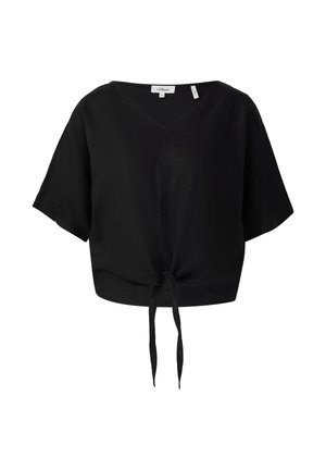 Top noir court en tissu léger avec un col en V, des manches larges et un détail à nouer à l'avant pour un ajustement réglable.